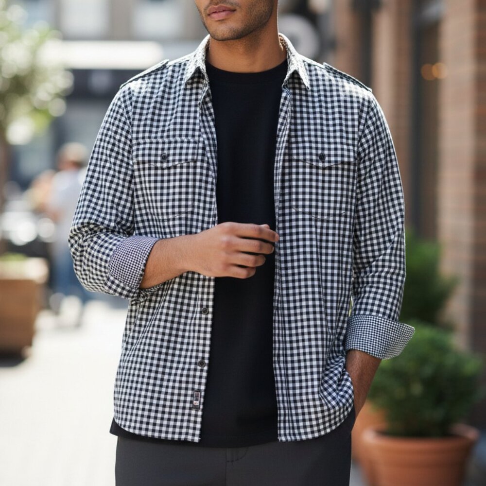 For All Mankind Men's Gingham Checkered Long Sleeve Shirt L Black & White